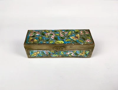 Antigua caja de bronce esmaltada china asiática floral firmada Foto 1 de 4