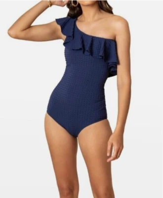 NUEVO CON ETIQUETAS Traje de baño Shoshanna con volantes de un hombro talla 6 en azul marino Foto 1 de 3