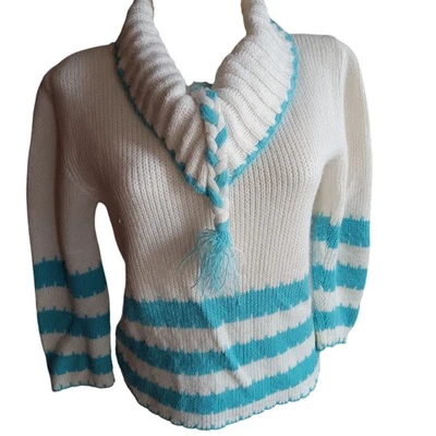 Small Vintage 1970's Sweater Aqua Striped Braided Detail & Tassels Acrylic Hippy - Image 1 of 4