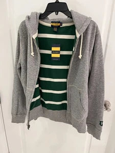 Neu mit Etikett Rugby Ralph Lauren Polo Hoodie mit durchgehendem Reißverschluss gestreift innen Wappenärmel MEDIUM - Bild 1 von 11