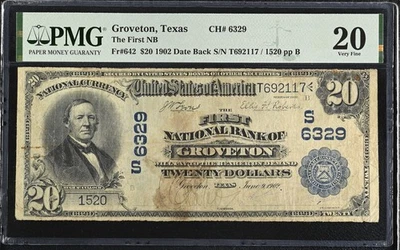 Billete de 20 dólares Groveton, TX #6329 1902DB Fr. 642 PMG 20 2117 Foto 1 de 2