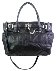 Rachel Zoe BLACK GENUINE LEATHER SHOULDER BAG X-BODY BUSINESS HANDBAG TOTE PURSE - Picture 1 of 17