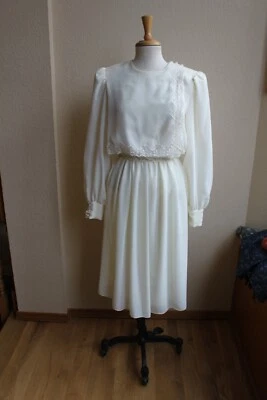 Vestido Vintage Cachet por Bari Protas Anos 80 Marfim Chiffon Modesto Tamanho M - Imagem 1 de 4