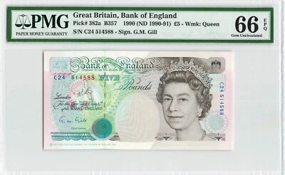 GRAN BRETAÑA 5 libras 1990-1991, P-382a B357, PMG 66 EPQ gema UNC, signo: Gill Foto 1 de 2