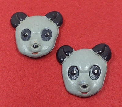 Two Panda Buttons Grey Black Extra Large Hand Painted Wood Shank Crafts 2.25" - Image 1 of 4