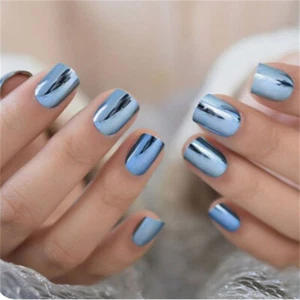 Short Square Press-On False Nail Metal Mirror Blue Glossy Stylish Manicure 24pcs - Picture 1 of 6
