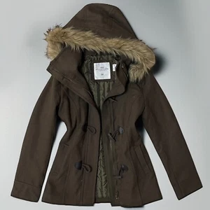 Logg Y2K Fur Lined Jacket Pea Coat Flare Fuzzy Hood Green Brown Bella 2000s M - Picture 1 of 15
