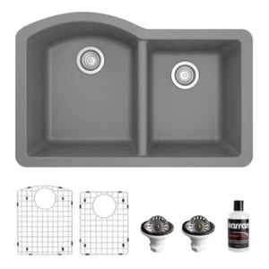 Karran Undermount Kitchen Sink 32" Double Bowl Grey W/Bottom Grid + Strainer - Picture 1 of 5