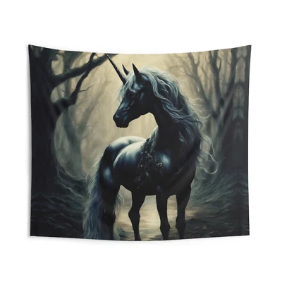 Tapiz gótico, colgante de pared de unicornio negro, decoración gótica, arte de caballo, regalo gótico Foto 1 de 2