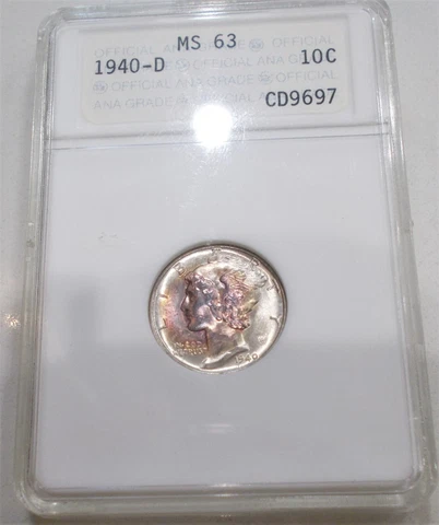 1940 D MERCURY SILVER DIME! GRADED MS63 BY ANACS OLD HOLDER!! RAINBOW PINK TONED Cover