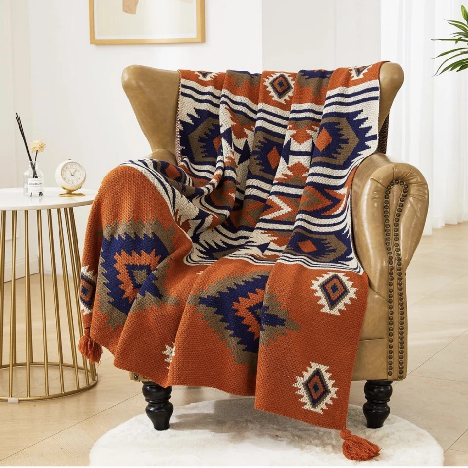 NEW Anthropologie Boho Tassled Geometric Aztec Throw Blanket Bedding - 80" x 60" - Image 1 of 4