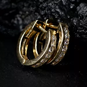 Men's 14k Gold Plated Iced One Row Vermiel 925 Sterling Silver CZ Hoop Earrings - Picture 1 of 4