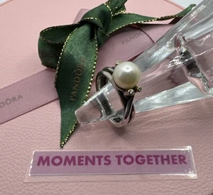 Pandora Sterling Silver 14k Two Toned Solitaire Pearl Diamond Ring 190158D Sz56 - Picture 1 of 13