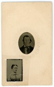 CIRCA 1860'S Paper Framed Hand Tinted TINTYPE Man With Gem Size Tintype of Woman