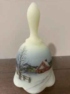 Fenton Art Glass Hand Painted 1981 " All Is Calm " BELL Satin Custard Glass - Picture 1 of 6