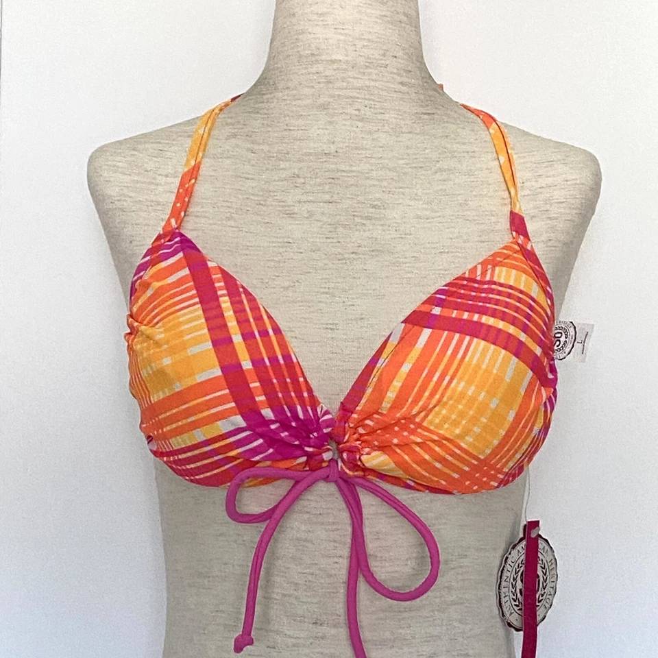 Bikini reversible traje de baño halter top juniors talla XS rosa naranja rayas chevron Foto 1 de 4
