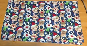 Christmas Puppies on Blue Background Cotton Fabric. 27" x WOF Laurie Campbell - Picture 1 of 2
