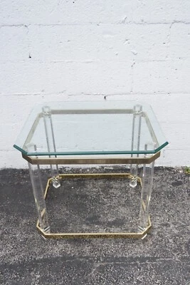Hollywood Regency Lucite and Brass Finish with Glass Top Side Table 2998 - Image 1 of 4