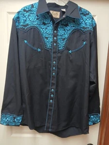 Scully Gunfighter Long Sleeve Snap Front Western XL Shirt - Black w/Royal Roses - Picture 1 of 12
