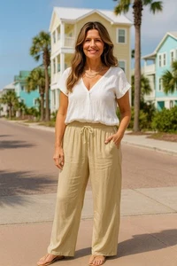 Vtg Eagles Eye Womens Pants Large Beige Light Elastic Waist Comfort Made USA NWT - Picture 1 of 13