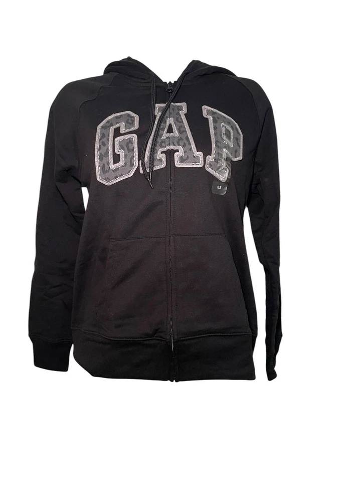 Gap Nueva Sudadera con Capucha Cremallera Negra Logo Estampado Leopardo Mezcla Algodón Talla XS Foto 1 de 4