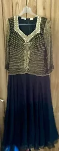 Linzas California Silk Black & Gold Beaded Pearl Long 90’s Dress Gown Sz XL - Picture 1 of 5
