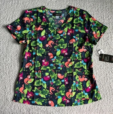 Koi Basics Scrub Top Women’s Medium Leslie Black Lazy Days Sloth Nursing Medical - Image 1 of 4