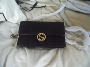 GUCCI black Leather INTERLOCKING G crossbody CHAIN bag wallet NWT Authentc - Picture 1 of 12