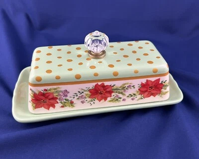 Plato de mantequilla de alegría navideña verde menta Pioneer Woman, perilla de vidrio en la tapa Foto 1 de 4