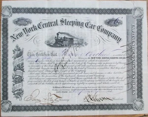 New York Central Sleeping Car 1881 certificado de stock de ferrocarril, Theodore Vorhees - Imagen 1 de 2