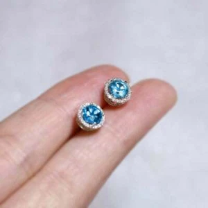 2Ct Round Cut Blue Topaz Halo Push Back Stud Earrings 14K White Gold Finish - Picture 1 of 4