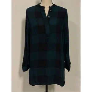 Rock & Republic Plaid 1/4 Button Tunic Length Top Green & Black Size M - Picture 1 of 3