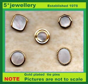 NEW gents mens tie pins tacks diamond cut gold plated mother of pearl stones - Picture 1 of 25