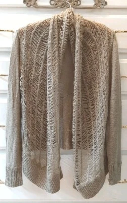 Kensie XS Sheer Open Knit Cardigan Sweater Taupe Tan Grunge Distressed Boho Chic - Image 1 of 4