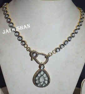 Elegant Polki Diamond 925 Sterling Silver Chain Necklace 16 Inches Women Jewelry - Picture 1 of 12