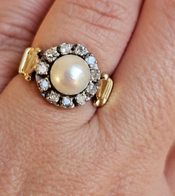 Ring 585 Gold, Ringgröße 54, Gewicht 5,90 g mit Perle und  11 Diamanten - Bild 1 von 4