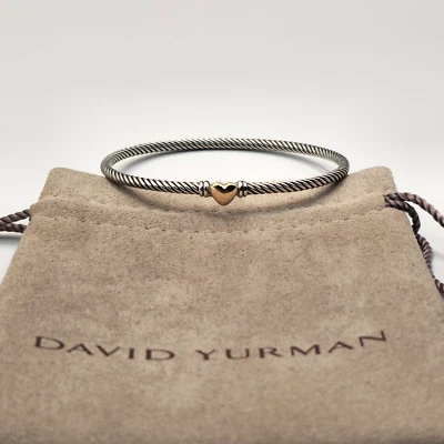 Классический кабельный браслет David Yurman из стерлингового серебра 3 мм с 18-каратным золотом и сердечком - Изображение 1 из 4
