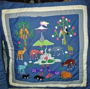 Vintage Handcrafted Embroidered Crewel Woodland Animals African Throw Pillow - Picture 1 of 3