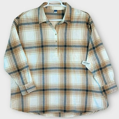 Old Navy Maternity Plaid Flannel Popover Shirt Long Sleeve Size XL Cream Tan New - Image 1 of 4