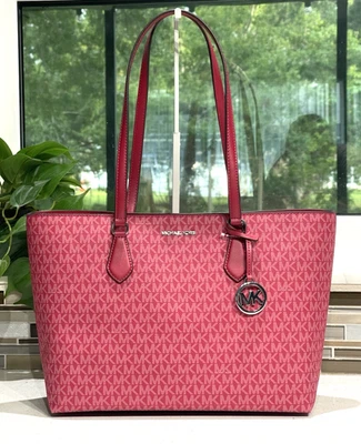 MICHAEL KORS SHEILA LARGE LAPTOP MULTIFUNCTION TOTE SHOULDER MK PINK LOGO SILVER - Image 1 of 4