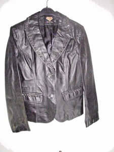 S005  Sara Kern Echtleder Blazer Jacke schwarz mit Silberapplikation Gr. 38 - Bild 1 von 3