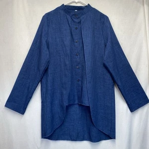 Unbranded Linen Long Sleeve Band Collar Button-Up Shirt Women XL Blue Hi-Low - Picture 1 of 13