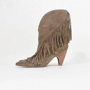 Sigerson Morrison Boots 36 Taupe Suede Leather Fringe Pointy-Toe Cone Heels - Picture 1 of 6