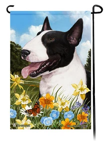 Summer Flowers Garden Flag - Black and White Bull Terrier - Picture 1 of 1