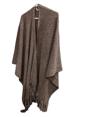 Womens Brown Fringe Bottom Open Front Shawl Wrap Poncho Button Front Closure - Image 1 of 3