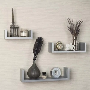 Set of 3 Floating Shelves Wall Mounted Storage Display Shelf Kit Home Decor GREY - Picture 1 of 12