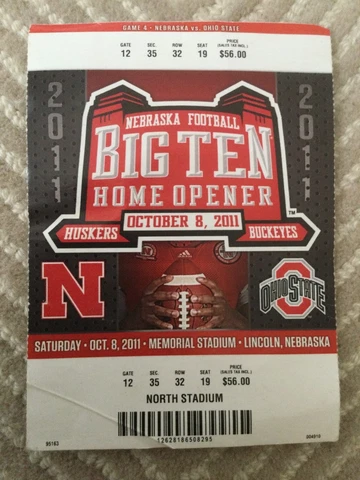 Nebraska Cornhuskers Big Ten Home  Opener 10/8/2011- ticket stub -vs Ohio State Cover