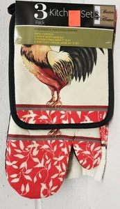 3pc KITCHEN SET: 1 POT HOLDER,1 TOWEL & 1 OVEN MITT,ROOSTER & LEAVES #1,black,BH - Bild 1 von 10