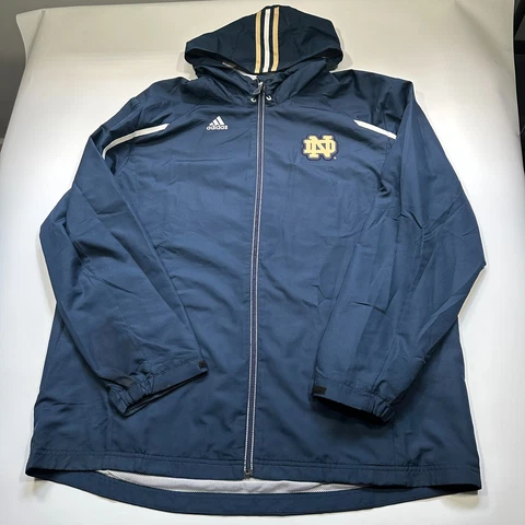 Adidas Notre Dame Fighting Irish Jacket Mens Size XL Blue Full Zip Hooded Rain Cover