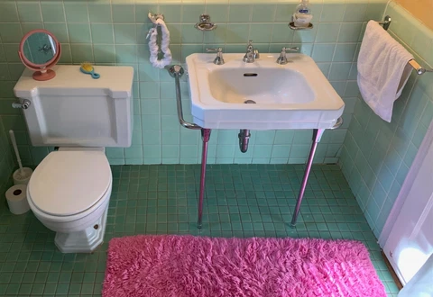 Vintage 1930's Art Deco "Standard" Toilet and Sink Set, White Cover